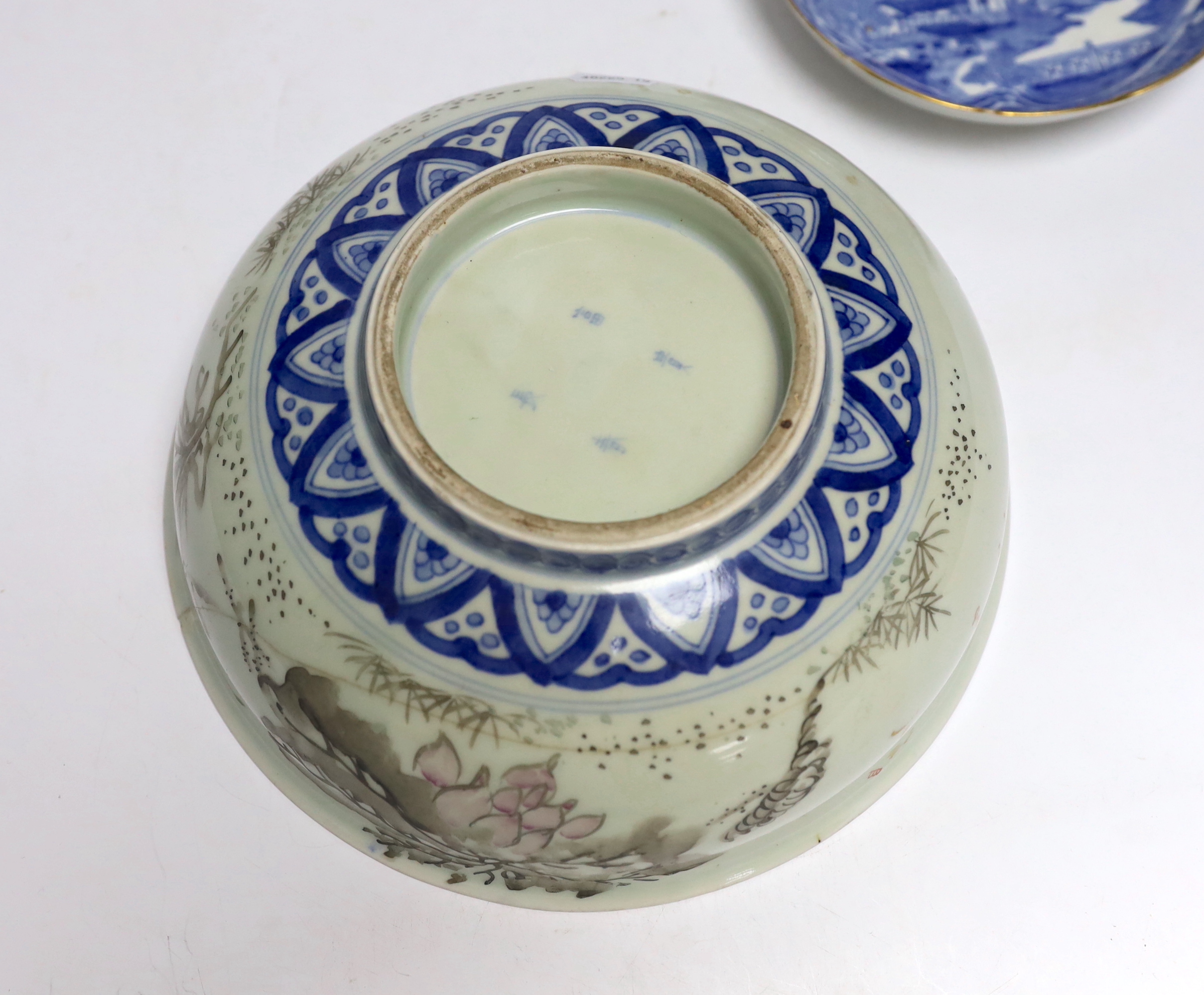 A Chinese famille rose teapot, a bowl and two dishes, bowl 24.5cm diameter